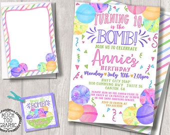 Bath Bombs Birthday Invitation Spa Party Invitations Tween Girl's Soap City Watercolor Pastel Brights Favor Tag & Thank You Note Printables