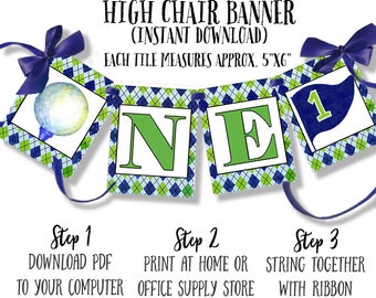 HOLE in ONE High Chair Bunting - 1st Birthday High Chair Banner  Golf First Birthday Par-TEE Cake Smash Printables Argyle Instant Download
