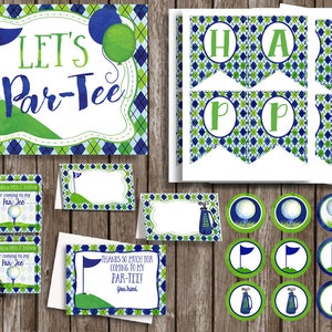 HOLE in ONE Boy&#39;s Boys Golf First Birthday Par-TEE Printables Golf Theme Party Blue Green Argyle Notecards Cupcake Toppers Food Tents Banner