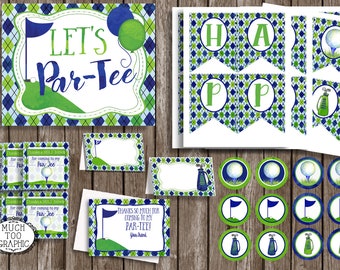 HOLE in ONE Boy's Boys Golf First Birthday Par-TEE Printables Golf Theme Party Blue Green Argyle Notecards Cupcake Toppers Food Tents Banner