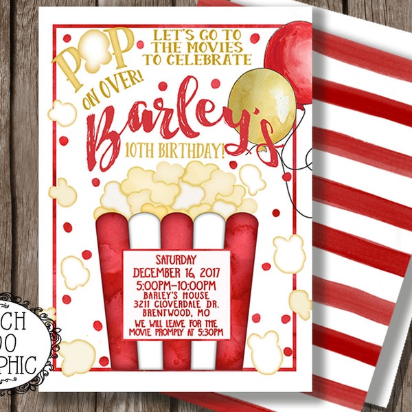 Popcorn Invitation / Movies BIrthday Party / Movies Invitation / Pop on Over Birthday invitation / Movie Night Invitation / printable