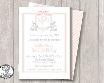 Watercolor Bunnies Invitation | Easter Custom Monogram Crest Some Bunny is One First Birthday Baby Shower Gray & Pink Girl's or Blue Boy's