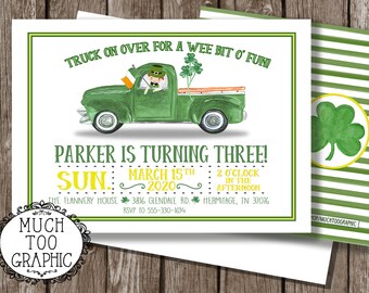 LUCKY LEPRECHAUN Green Truck 2 3 4 St. Patrick's Day Birthday Invitation Boy or Girl Party Invitations