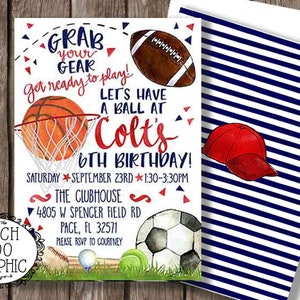 ALL SPORTS Inbjudan - All Star Födelsedagsfest Ha en Ball - Tailgate Fotboll Basketboll Golf Tennis Inbjudan Babyshower