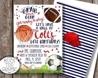 ALL SPORTS Invitation -  All Star Birthday Party Have a Ball - Tailgate Football Basketball Soccer Golf Tennis Invitation Baby Shower