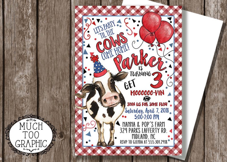 Cow Birthday Invitation Cows Invitation Red Blue Pink Gingham Party Invitations WATERCOLOR Custom 1st 2nd 3rd 4th Printable DIY image 1