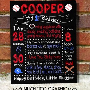 May include: A black chalkboard with white and red text announcing a boy's 1st birthday. The chalkboard features a baseball theme with a baseball graphic and the text "COOPER My 1st Birthday". The chalkboard lists the boy's age, weight, height, favorite foods, favorite book, and first word. The text "Happy Birthday, Little Slugger" is at the bottom of the chalkboard.