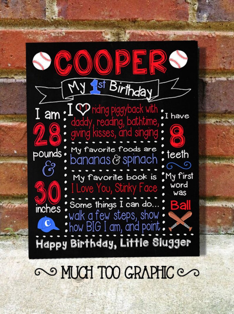 May include: A black chalkboard with white and red text announcing a boy's 1st birthday. The chalkboard features a baseball theme with a baseball graphic and the text "COOPER My 1st Birthday". The chalkboard lists the boy's age, weight, height, favorite foods, favorite book, and first word. The text "Happy Birthday, Little Slugger" is at the bottom of the chalkboard.