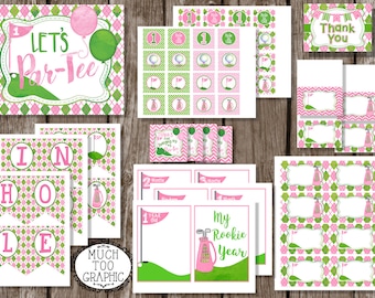 HOLE in ONE Girl's Girls Golf First Birthday Par-TEE Printables Golf Theme Party Pink Green Argyle Cupcake Toppers Food Tents Banner