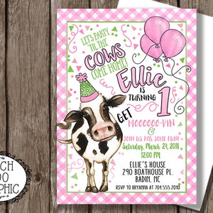 Cow Birthday Invitation Cows Invitation Red Blue Pink Gingham Party Invitations WATERCOLOR Custom 1st 2nd 3rd 4th Printable DIY image 3