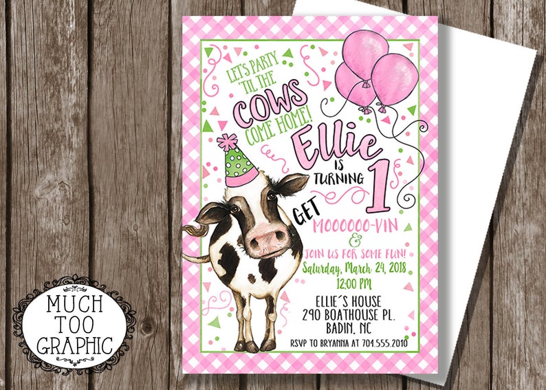 Cow Birthday Invitation Cows Invitation Red Blue Pink Gingham Party Invitations WATERCOLOR Custom 1st 2nd 3rd 4th Printable DIY image 3