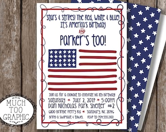 Gender Neutral Boy 4th of July Birthday Invitation - Patriotic 1st Birthday Invitation - Fourth of July Stars & Stripes Red White and Blue
