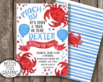 May include: A red and blue watercolor invitation with the text "Pinch Us! It's been a year of fun! Dexter is turning one!"  The invitation features red crabs, blue balloons, and red and blue confetti. The invitation also includes the date and time of the party, as well as the address and RSVP information.