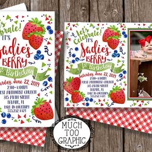 May include: A birthday invitation with a watercolor illustration of strawberries and blueberries. The invitation is for Sadie's 1st birthday and includes the date, time, and location of the party. The invitation also has a photo placeholder for a picture of Sadie.