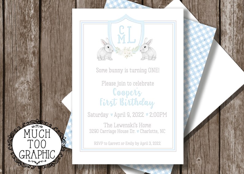 May include: A blue and white gingham patterned invitation with a white border. The invitation is for a first birthday party for a baby named Cooper. The invitation features a shield with the initials "CML" and two bunnies. The text on the invitation reads "Some bunny is turning ONE! Please join to celebrate Cooper's First Birthday Saturday April 9, 2022 2:00PM The Lewenski's Home 3290 Carriage House Dr. v Charlotte, NC RSVP to Garrett or Emily by April 3, 2022"