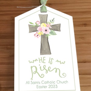 Etichette di Pasqua - Etichetta regalo di Pasqua - Croce floreale ad acquerello - Etichette per bomboniere religiose - È RISORTO! Buona Pasqua! Regalo di Pasqua per i nipoti