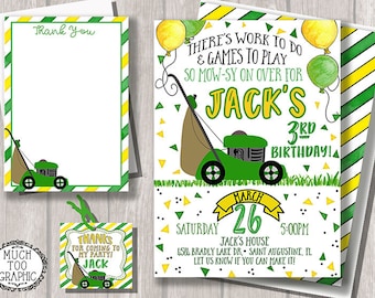 Lawn Mower Invitation - Summer Birthday - Birthday Green & Yellow Mowing Party Invitation PRINTABLE DIY w Favor Tag Thank You Note