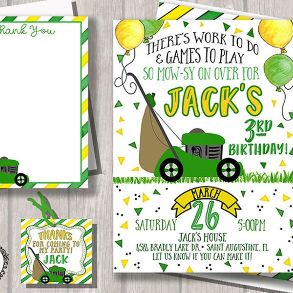 Lawn Mower Invitation - Summer Birthday - Birthday Green & Yellow Mowing Party Invitation PRINTABLE DIY w Favor Tag Thank You Note