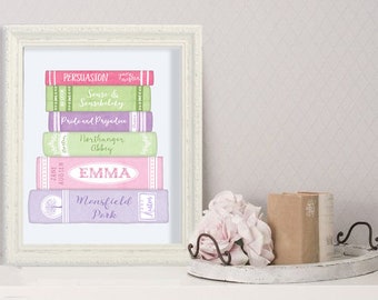 Jane Austen Lover Book Spine Art - JANEITE Watercolor Custom Print - BIBLIOPHILE Book Lover, Librarian, Girl's Bedroom, English Teacher Gift