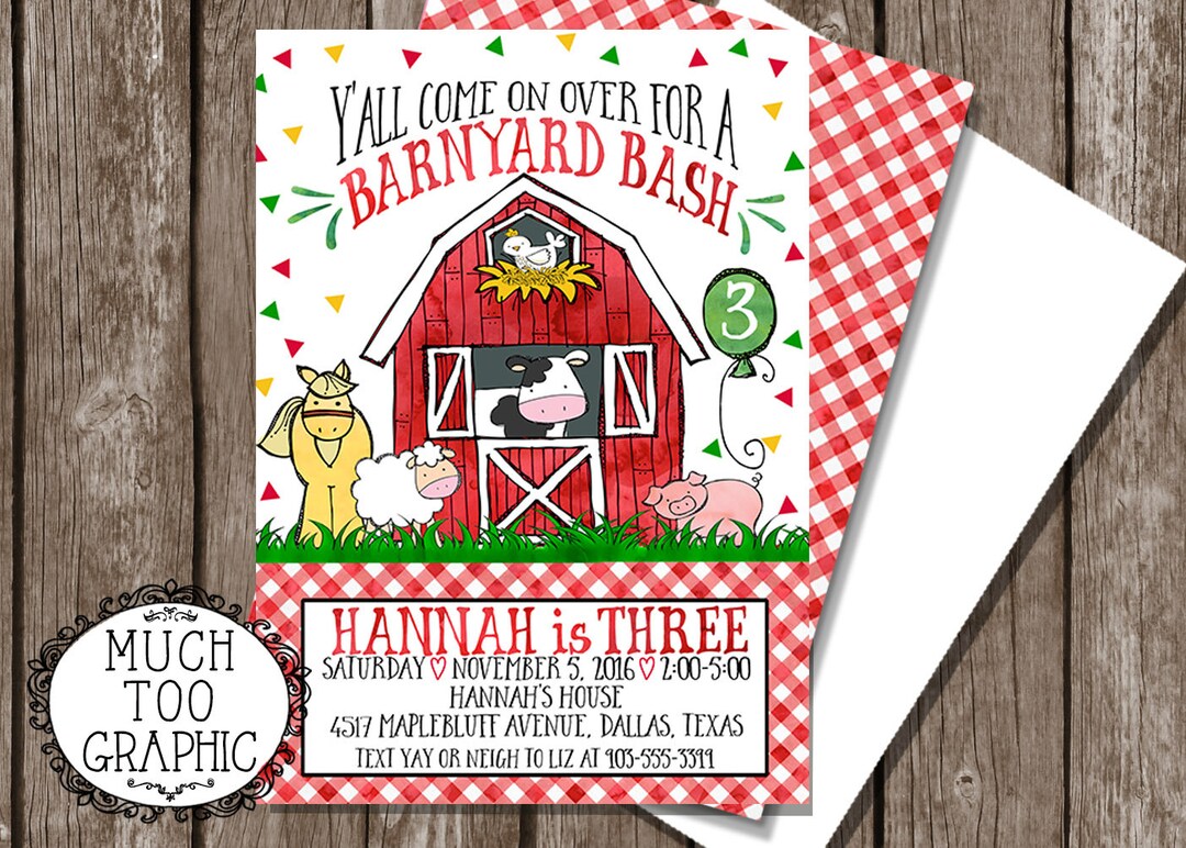 Barnyard Bash Farm Birthday Invitation Red Gingham Party Invitations ...