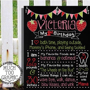 May include: A black chalkboard with a pink and green banner at the top. The text "Victoria My 1st Birthday" is written in pink and white. The chalkboard lists information about the child, including their favorite foods, songs, and activities. The child is 22 pounds and 30 inches tall.