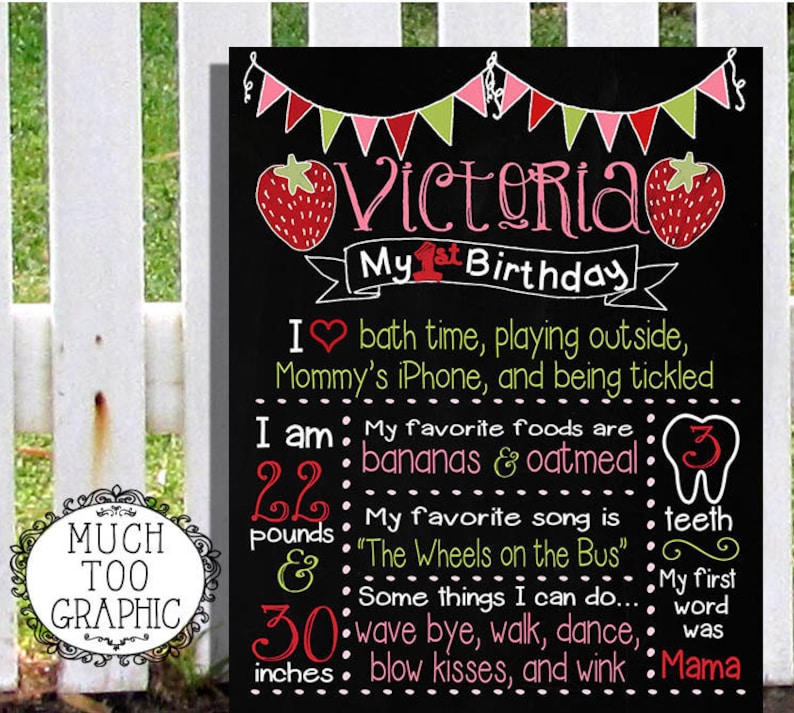 May include: A black chalkboard with a pink and green banner at the top. The text "Victoria My 1st Birthday" is written in pink and white. The chalkboard lists information about the child, including their favorite foods, songs, and activities. The child is 22 pounds and 30 inches tall.