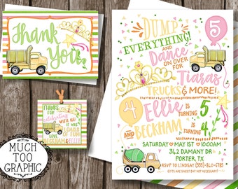 Tiaras & Trucks - Sibling or Twins Birthday Party Invitation - Dump Trucks and Princess Custom Printable Favor Tags Thank You Notes TOO