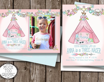 Three-nager Birthday Invitation Glamping Sleepover Young Wild and Three Invitation Birthday invitation Text DIGITAL or PRINT