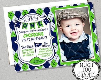 HOLE in ONE Boy's Boys Golf Invitation First Birthday Custom  1st w or w/o Photo Invitations Green Navy Argyle Printable Bunting Printables
