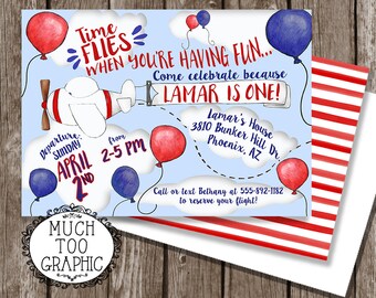 TIME Flies Airplane Airplanes First 1st Birthday Invitation Twins Version 1st 2nd 3rd birthday Red & Navy Blue Plane