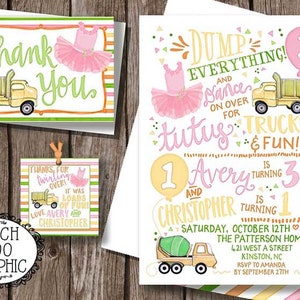Tutus & Trucks - Geschwister- oder Zwillings-Geburtstagsfeier-Einladung - Kipplaster und Ballerinas Benutzerdefinierte druckbare Geschenkanhänger Dankeschön-Anmerkungen AUCH