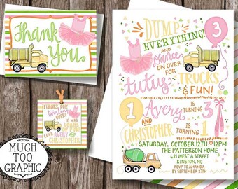 Tutus & Trucks - Sibling or Twins Birthday Party Invitation - Dump Trucks and Ballerinas Custom Printable Favor Tags Thank You Notes TOO