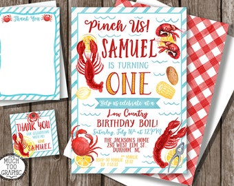 Pinch Me!  1st Crawfish BOIL birthday Invitation - Low Country Boil Birthday Party Invitation Red & Watercolor Favor Tag Printables