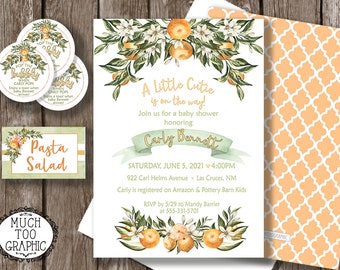 A Little Cutie Baby Shower invitation, Gender Reveal, Watercolor Oranges Invitations, digital or Print Printables, Summer Brunch