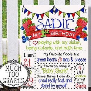 May include: A colorful printable first birthday sign for a girl named Sadie. The sign features a strawberry theme with red, blue, and green colors. It includes details about Sadie's age, favorite foods, songs, and activities. The text reads: "Sadie My 1st Birthday I  playing with my sister, being outside, and bath time I am: 21 months My favorite foods are green beans & mac & cheese My favorite song is "Baby Shark" Some things I can do... crawl really fast and stand by myself My first word Dada"