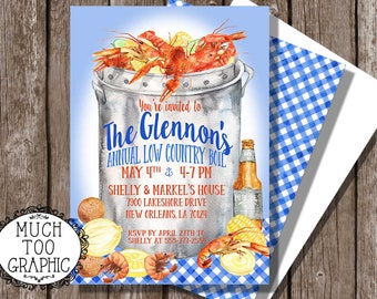 LOW Country Crawfish Boil Invitation Watercolor Rehearsal Dinner - Birthday Party - Couple's Shower - Blue & Yellow - Printable Invitation