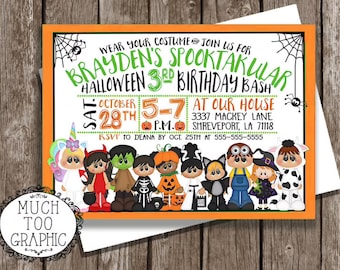 May include: Halloween-themed invitation with an orange border. The invitation reads "Brayden's Spooktacular 3rd Birthday Bash" with event details. Features cartoon characters in costumes. Includes the text "Much Too Graphic".
