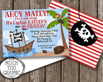 May include: Ahoy Matey! Birthday party invitation with a pirate ship, palm tree, and treasure chest. The invitation is for Captain Hayden's 6th birthday party. The party is on Saturday, September 2, 2017, from 10:00 AM to Noon at Sunny Acres Swim Club. The address is 100 Sunny Ln., Richmond, VA. The phone number is 704-555-8481.