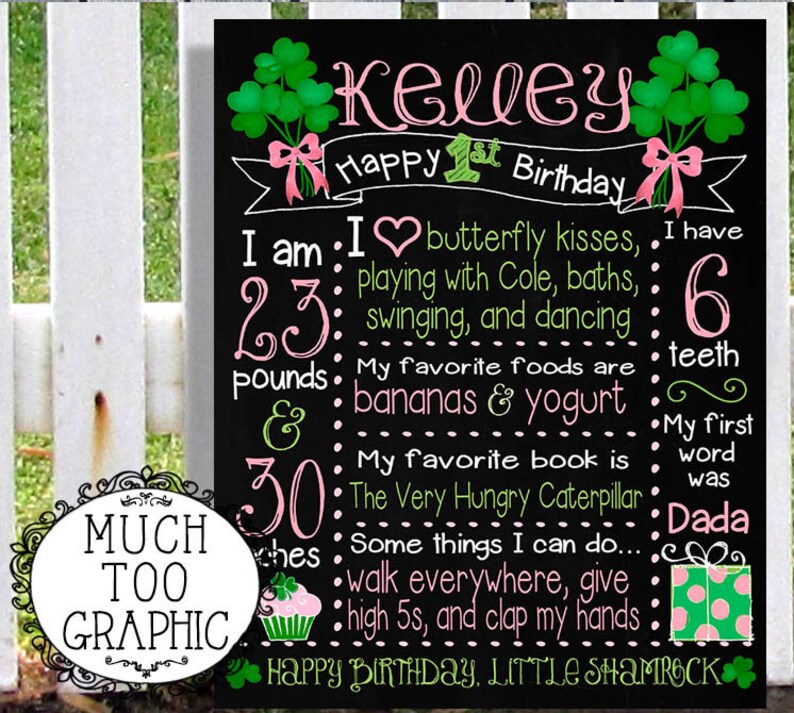 May include: A black chalkboard with a pink and green shamrock theme. It says "Kelley Happy 1st Birthday" and lists facts about the child, including their weight, favourite foods, and first word. The text "Happy Birthday, Little Shamrock" is at the bottom.