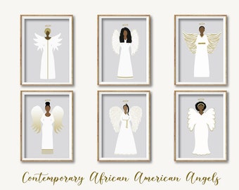 Christmas Contemporary Black Woman African American Angels Print - Neutral - Guardian Angel Prints  Minimalist -  Memorial Gift