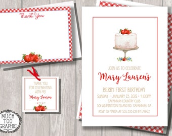 Strawberry Invitation - Naked Cake Pedestal for a Berry First Birthday Watercolor Minimalist Design Printable Favor Tag Thank You Note