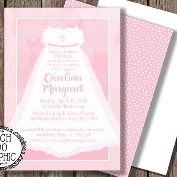 Christening Invitation - Baptism Invitation - Pink Girl's Dedication Invitation - Baptismal Gown Invitation - Boy Or Girl Add a Photo