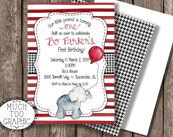 Red & Black Houndstooth Elephant First BIRTHDAY Invitation or Baby Shower Invitation for your Alabama Baby! Custom Printable