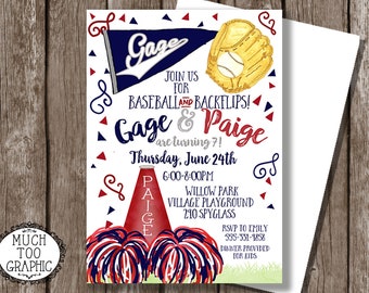 BASEBALL & CHEERLEADER Einladung zum Geburtstag von Geschwistern Zwillinge / World Series Gender Reveal Einladung / Jedes Team oder jede Farbe PENNANT