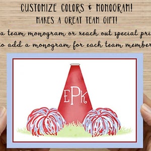 Cheerleader Note Cards Team Geschenke - Coach Geschenk Dankeschön Notizen Party Favors / Monogramm Megaphone & Pom Poms Printable Benutzerdefinierte Farbe oder Team