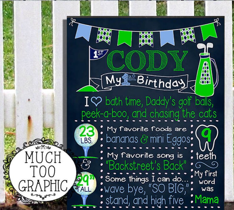 Op de afbeelding: Een zwart schoolbord met groene en blauwe versieringen. De tekst luidt "Cody Mijn 1e Verjaardag". Het schoolbord vermeldt details over Codys eerste jaar, waaronder zijn gewicht, lengte, favoriete etenswaren en favoriete liedje.