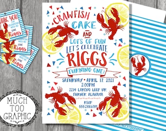 Crawfish BOIL first birthday Invitation - Low Country Boil Birthday Party Invitation Red & Turquoise Watercolor Printable Digital Design