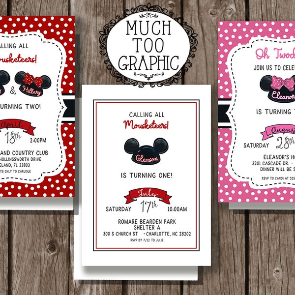 Mouse Ears Birthday Invitation Minnie or Mickey Watercolor TWO-dles Twodles Twins Siblings Simple Minimalist Design Custom Print or Text