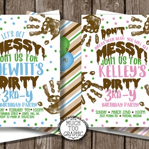 May include: Two printable birthday party invitations with a brown handprint design. The invitations are for a "Dirty 3rd-y" birthday party. One invitation is for Hewitt's party and the other is for Kelley's party. The invitations are decorated with green and blue polka dots and brown handprints.