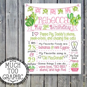 Signo de hito de primer cumpleaños de fiesta de niña - Signo de pizarra de cactus - Impresión de pizarra - Signo de Cinco de Mayo rosa y verde